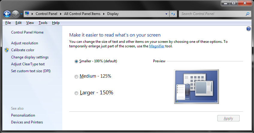 Смена размера значков на «мелкий» в операционной системе Windows